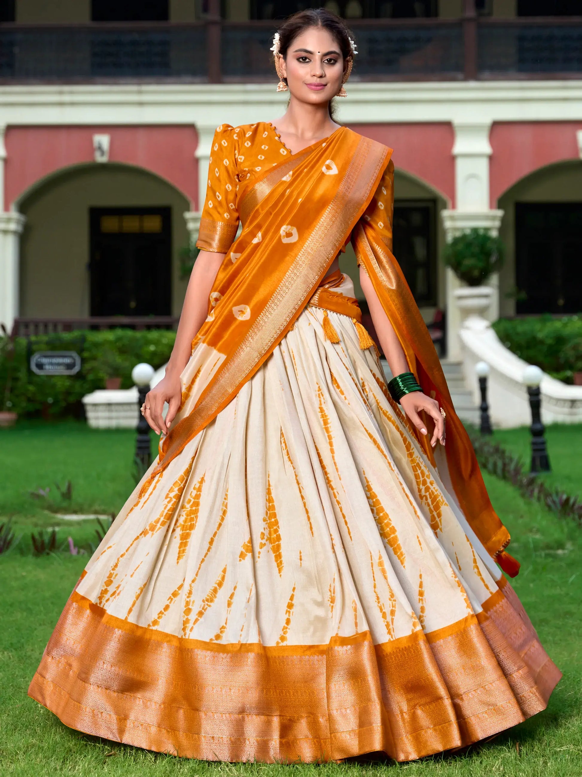 Pretty Mustard Yellow Shibori Print Silk Traditional Lehenga Choli - Zeel Clothing