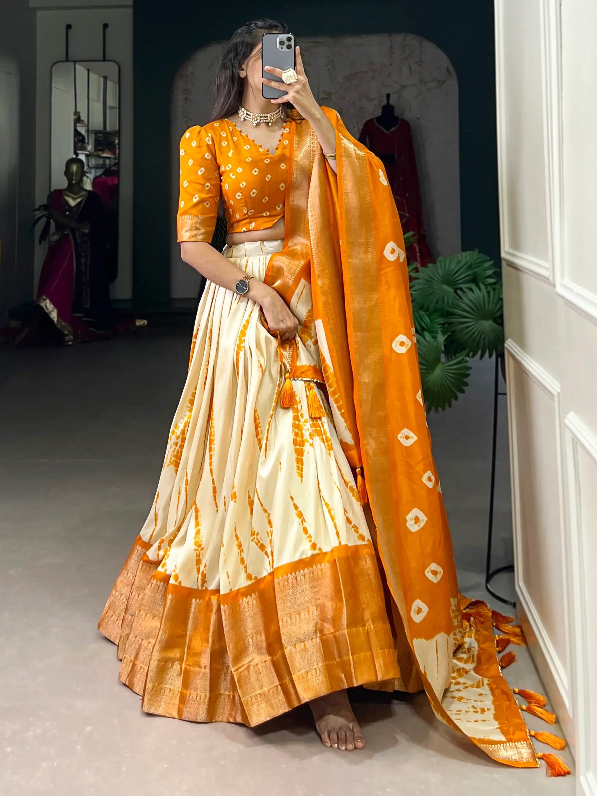 Pretty Mustard Yellow Shibori Printed Silk Haldi Wear Lehenga Choli - Zeel Clothing