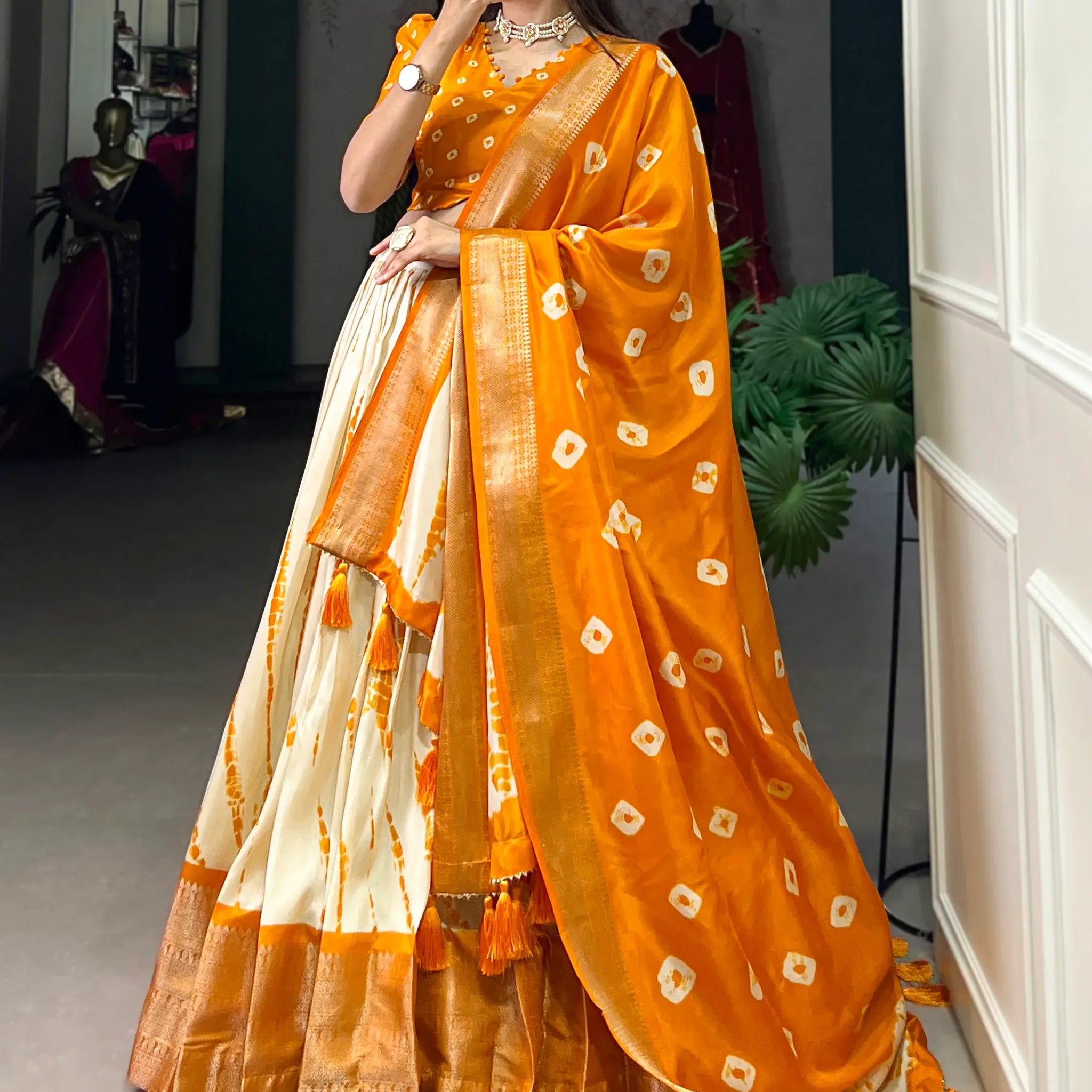 Pretty Mustard Yellow Shibori Printed Silk Haldi Wear Lehenga Choli - Zeel Clothing