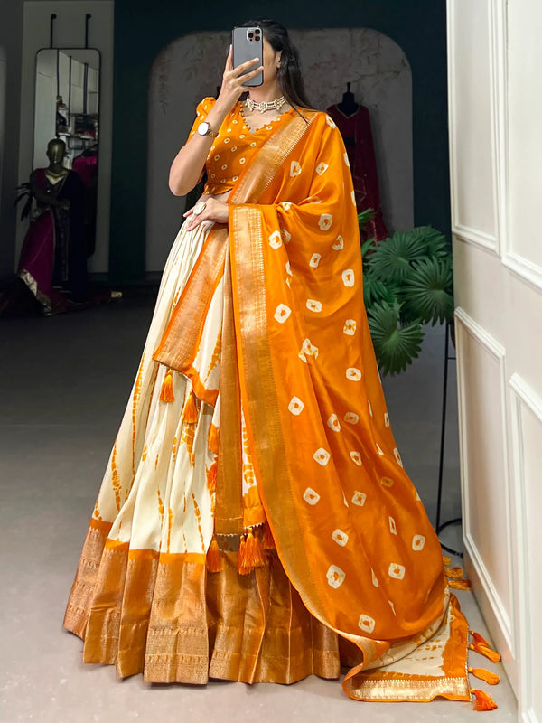 Pretty Mustard Yellow Shibori Printed Silk Haldi Wear Lehenga Choli - Zeel Clothing