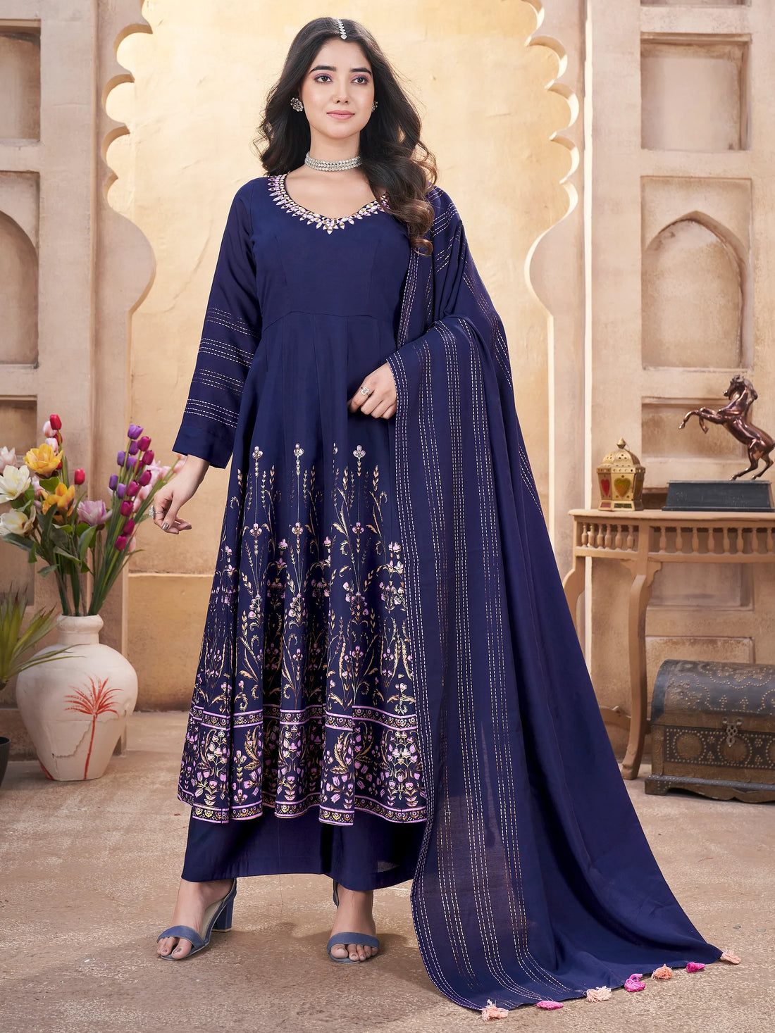 Pretty Navy Blue Foil Printed Roman Silk Traditional Anarkali Suit With Dupatta - Zeel Clothing
