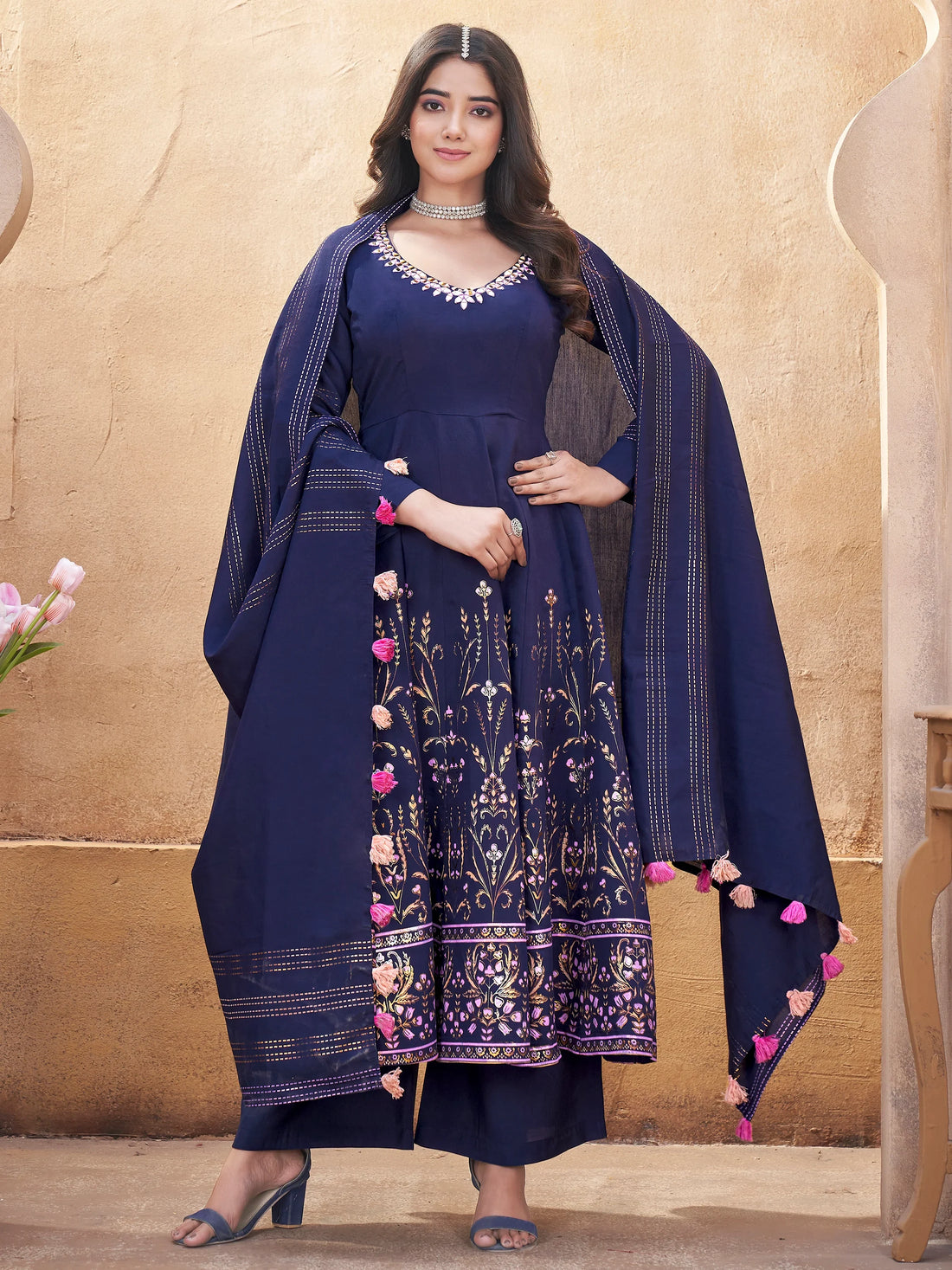 Pretty Navy Blue Foil Printed Roman Silk Traditional Anarkali Suit With Dupatta - Zeel Clothing