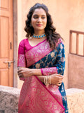 Pretty Navy Blue Zari Weaving Silk Designer Saree With Blouse - Zeel Clothing