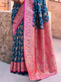 Pretty Navy Blue Zari Weaving Silk Designer Saree With Blouse - Zeel Clothing