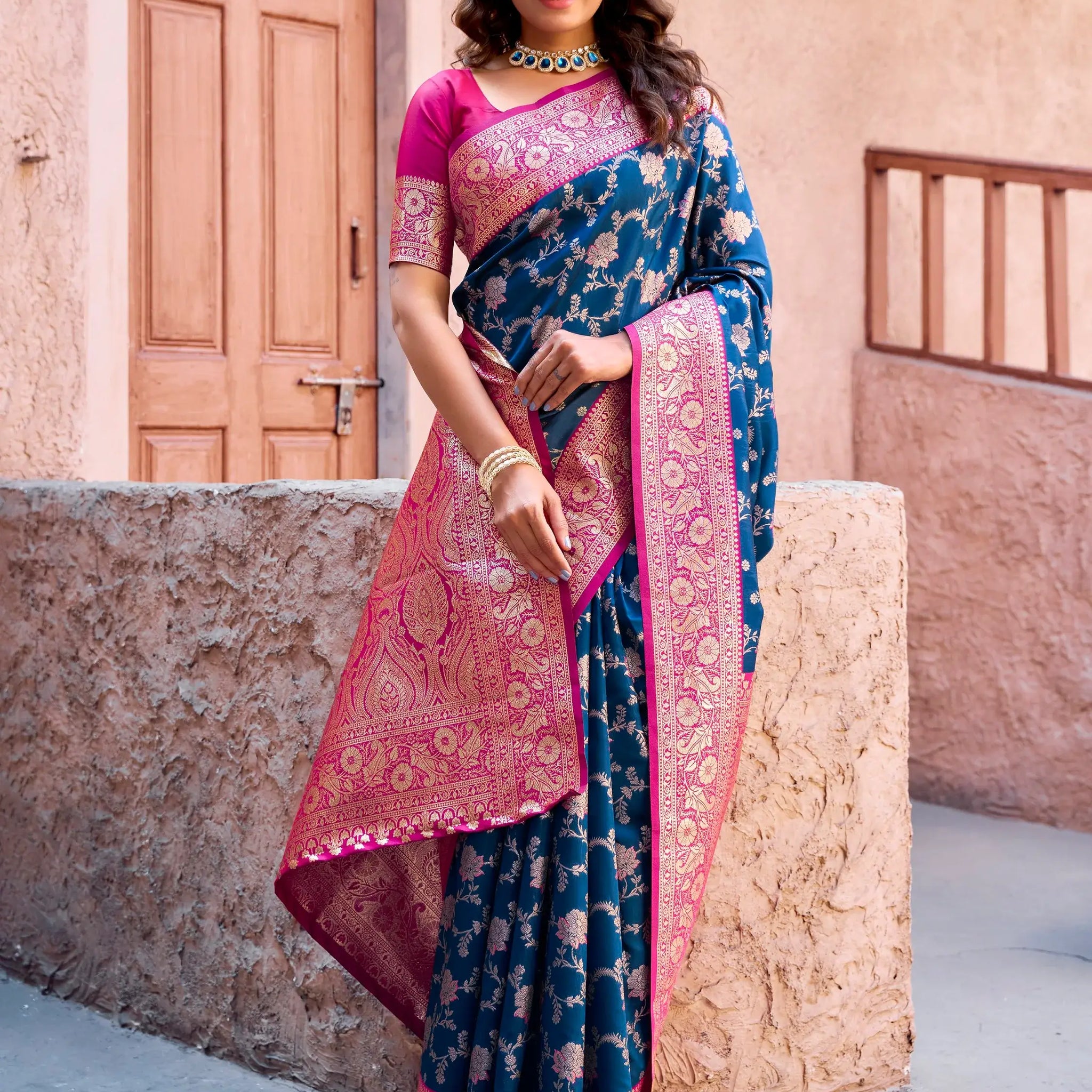 Pretty Navy Blue Zari Weaving Silk Designer Saree With Blouse - Zeel Clothing