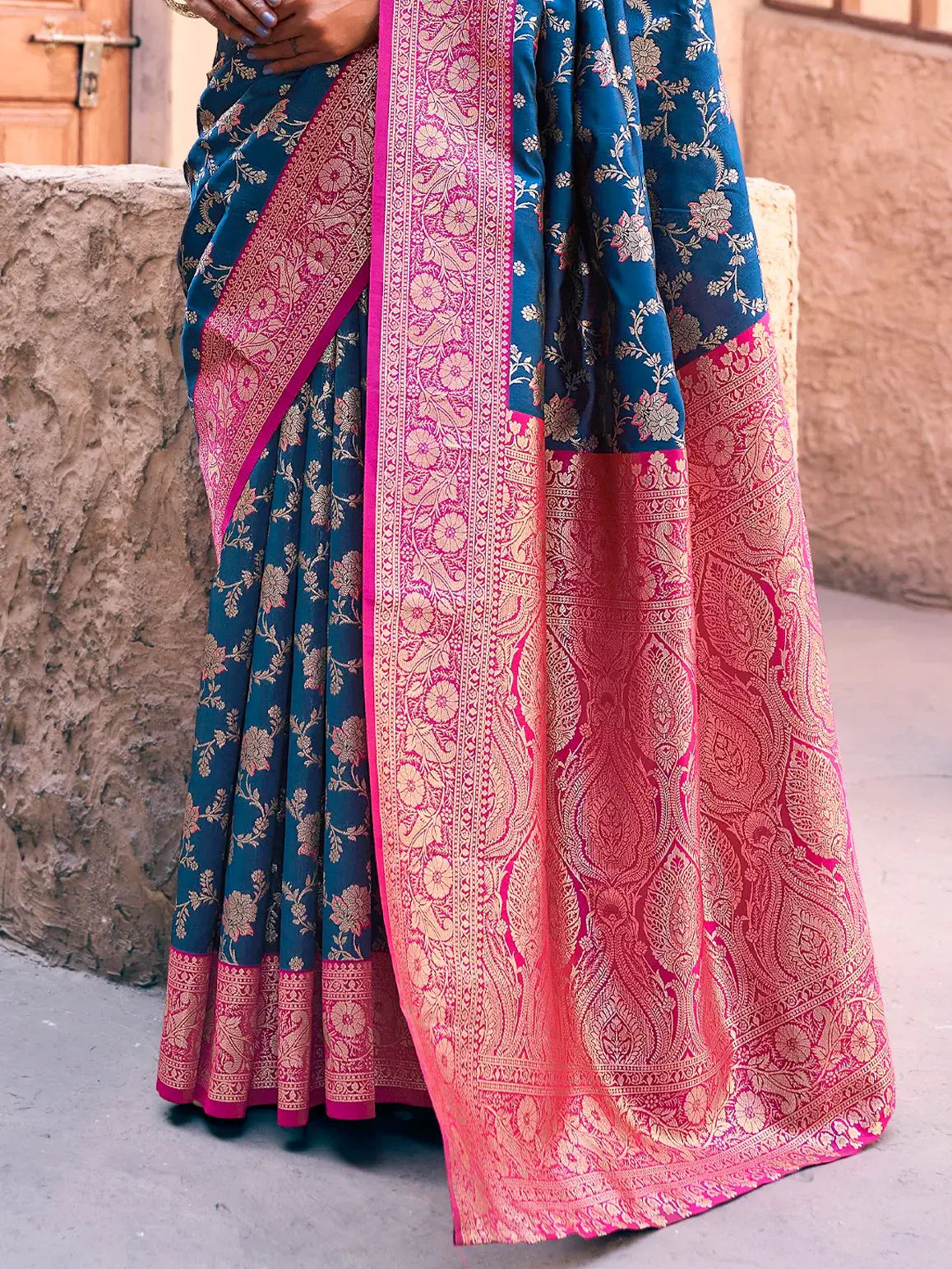 Pretty Navy Blue Zari Weaving Silk Designer Saree With Blouse - Zeel Clothing