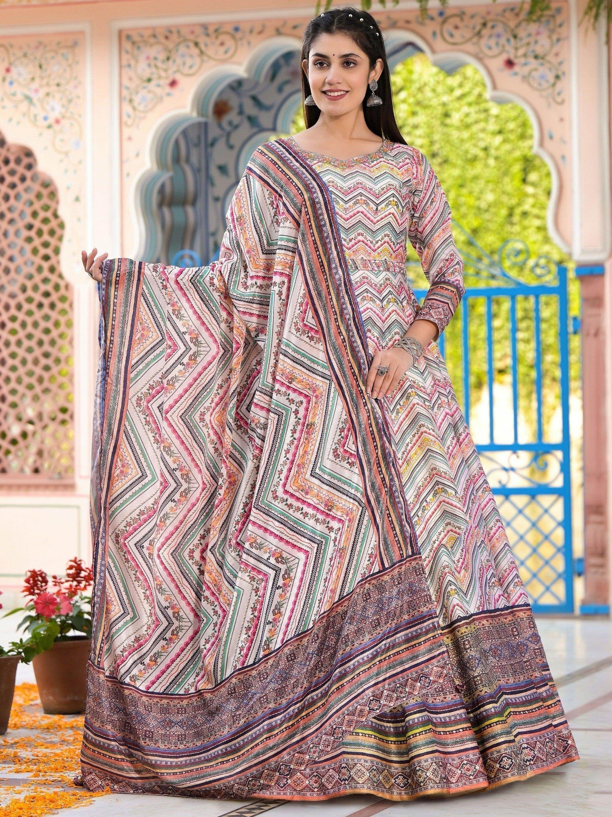 Pretty Off-White Digital Printed Silk Traditional Gown With Dupatta - Zeel Clothing