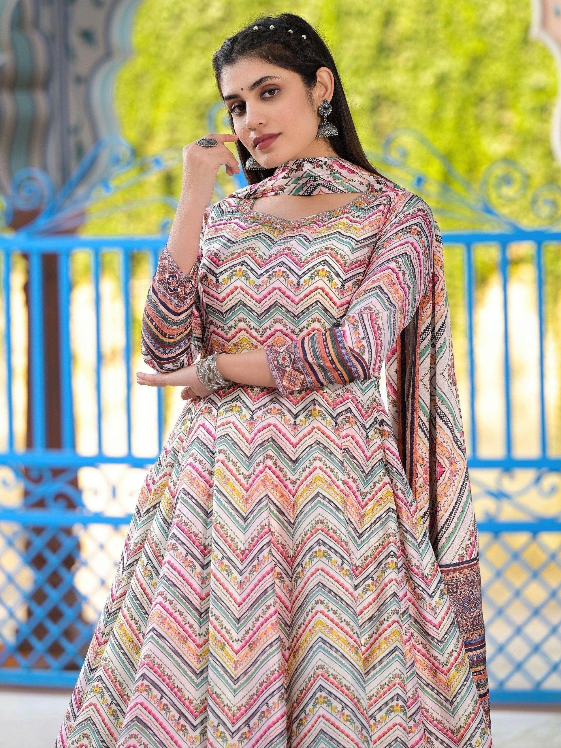 Pretty Off-White Digital Printed Silk Traditional Gown With Dupatta - Zeel Clothing
