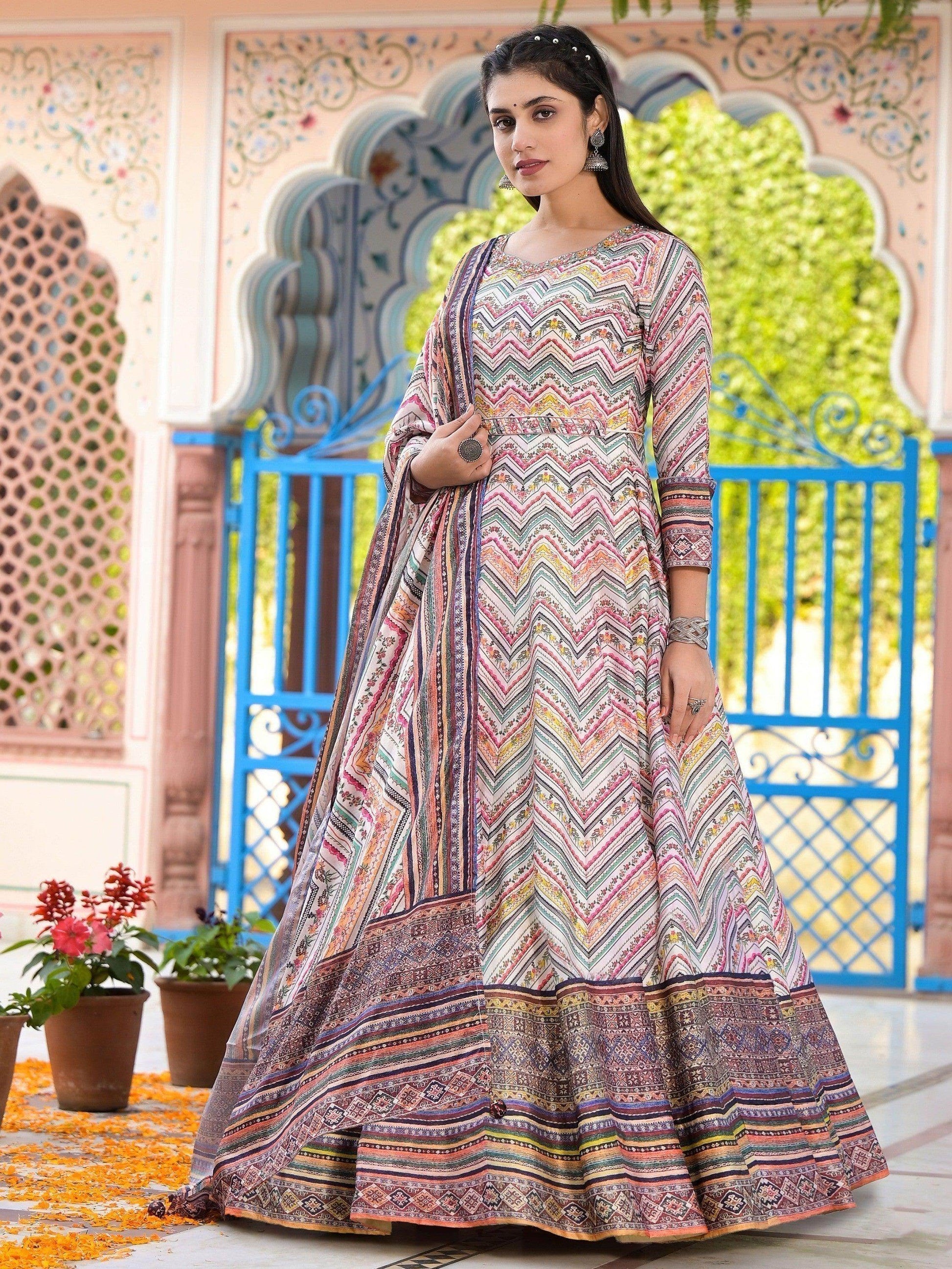 Pretty Off-White Digital Printed Silk Traditional Gown With Dupatta - Zeel Clothing