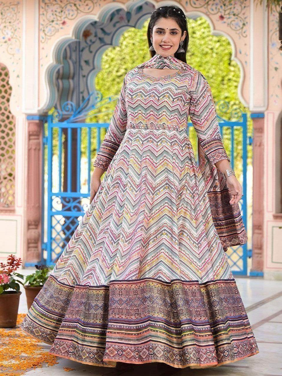 Pretty Off-White Digital Printed Silk Traditional Gown With Dupatta - Zeel Clothing
