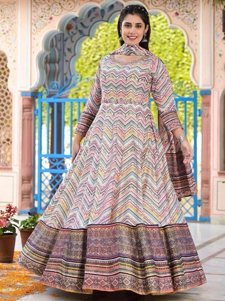 Pretty Off-White Digital Printed Silk Traditional Gown With Dupatta - Zeel Clothing
