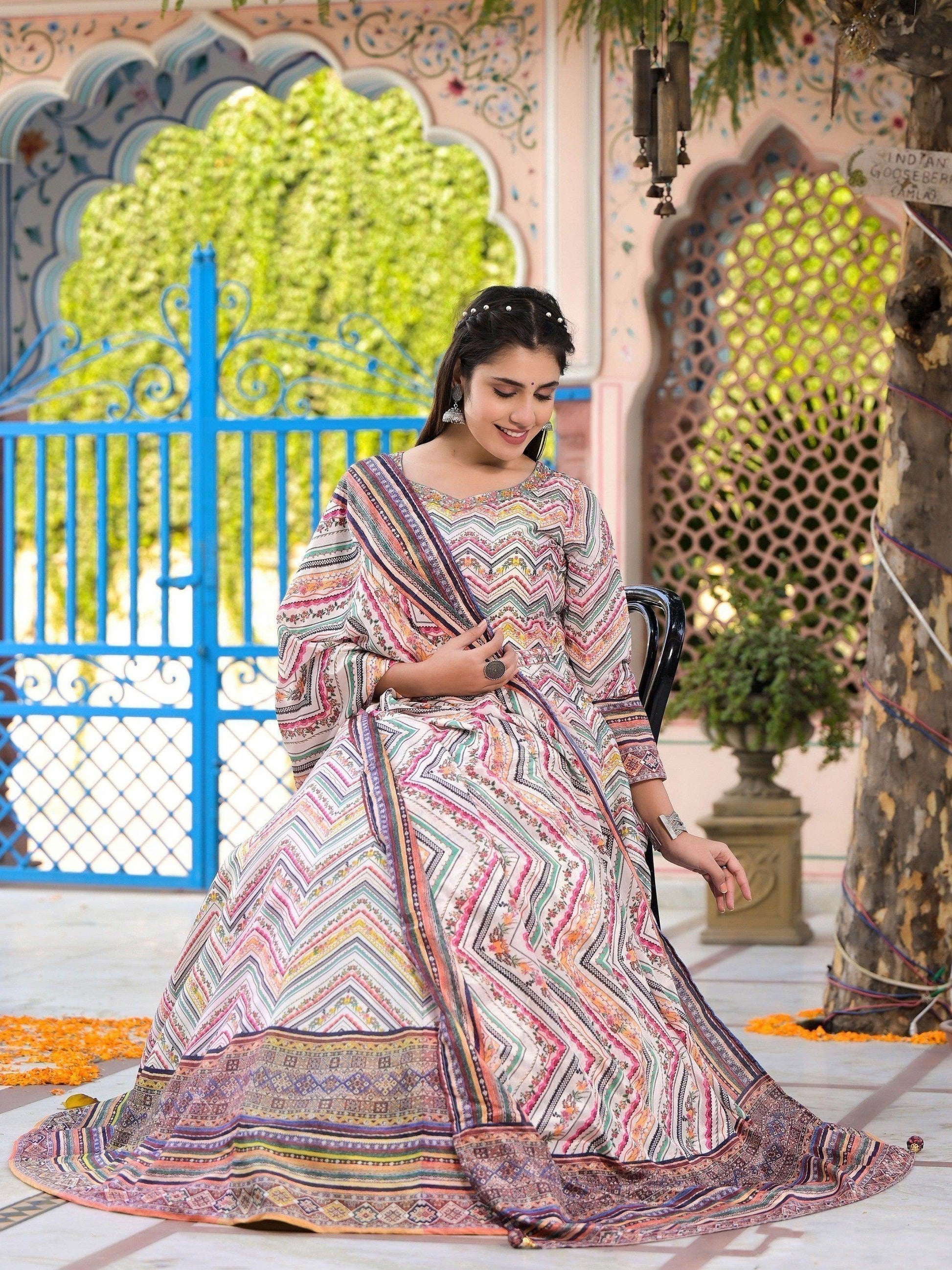 Pretty Off-White Digital Printed Silk Traditional Gown With Dupatta - Zeel Clothing