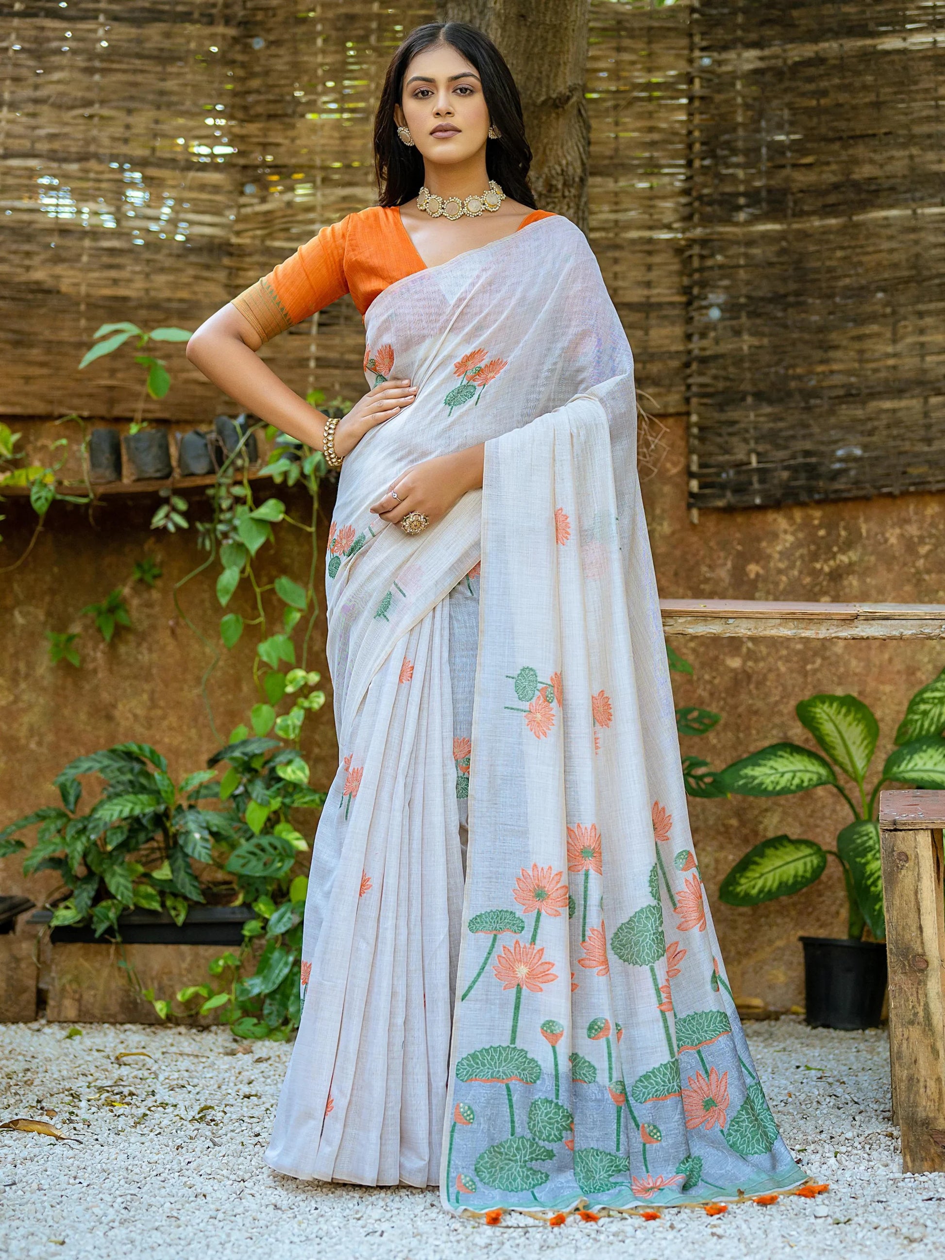 Pretty Off-White Floral Printed Cotton Casual Wear Saree With Orange Blouse - Zeel Clothing