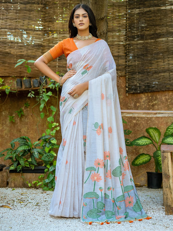 Pretty Off-White Floral Printed Cotton Casual Wear Saree With Orange Blouse - Zeel Clothing
