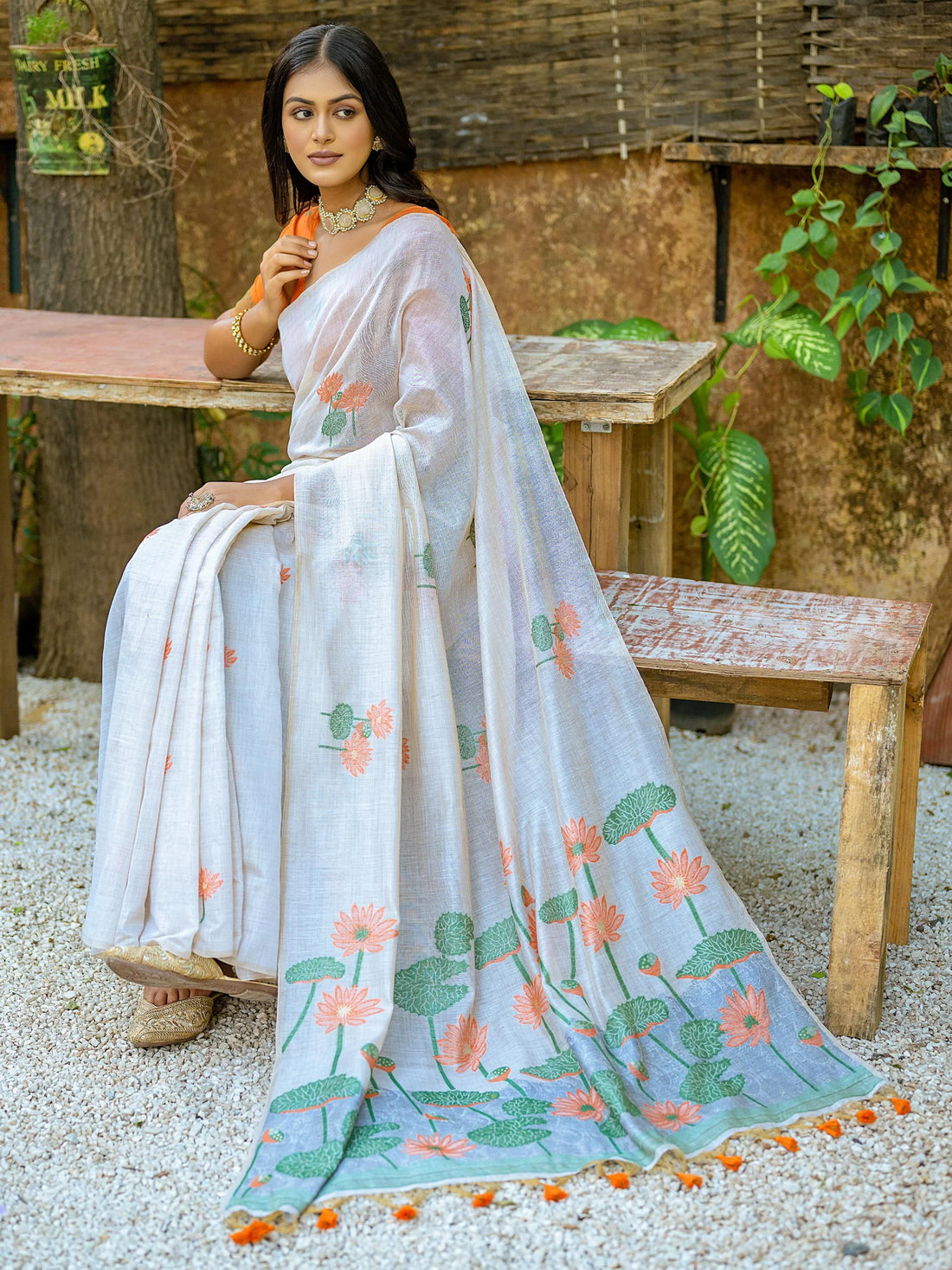Pretty Off-White Floral Printed Cotton Casual Wear Saree With Orange Blouse - Zeel Clothing