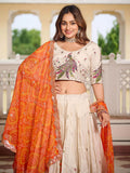 Pretty Off-White Thread Work Tissue Silk Traditional Lehenga Choli With Orange Dupatta - Zeel Clothing