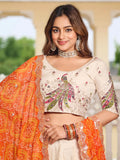Pretty Off-White Thread Work Tissue Silk Traditional Lehenga Choli With Orange Dupatta - Zeel Clothing