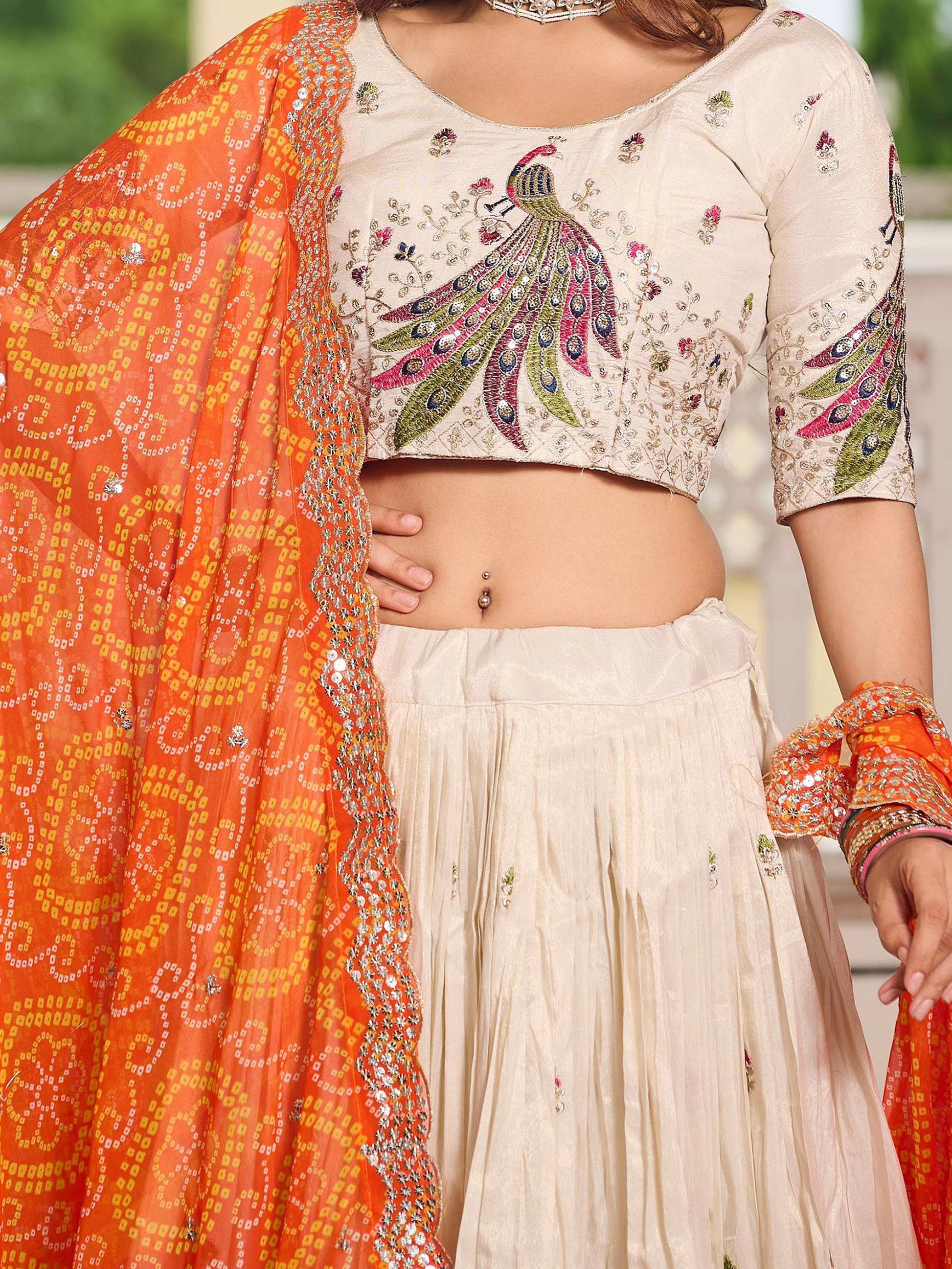 Pretty Off-White Thread Work Tissue Silk Traditional Lehenga Choli With Orange Dupatta - Zeel Clothing