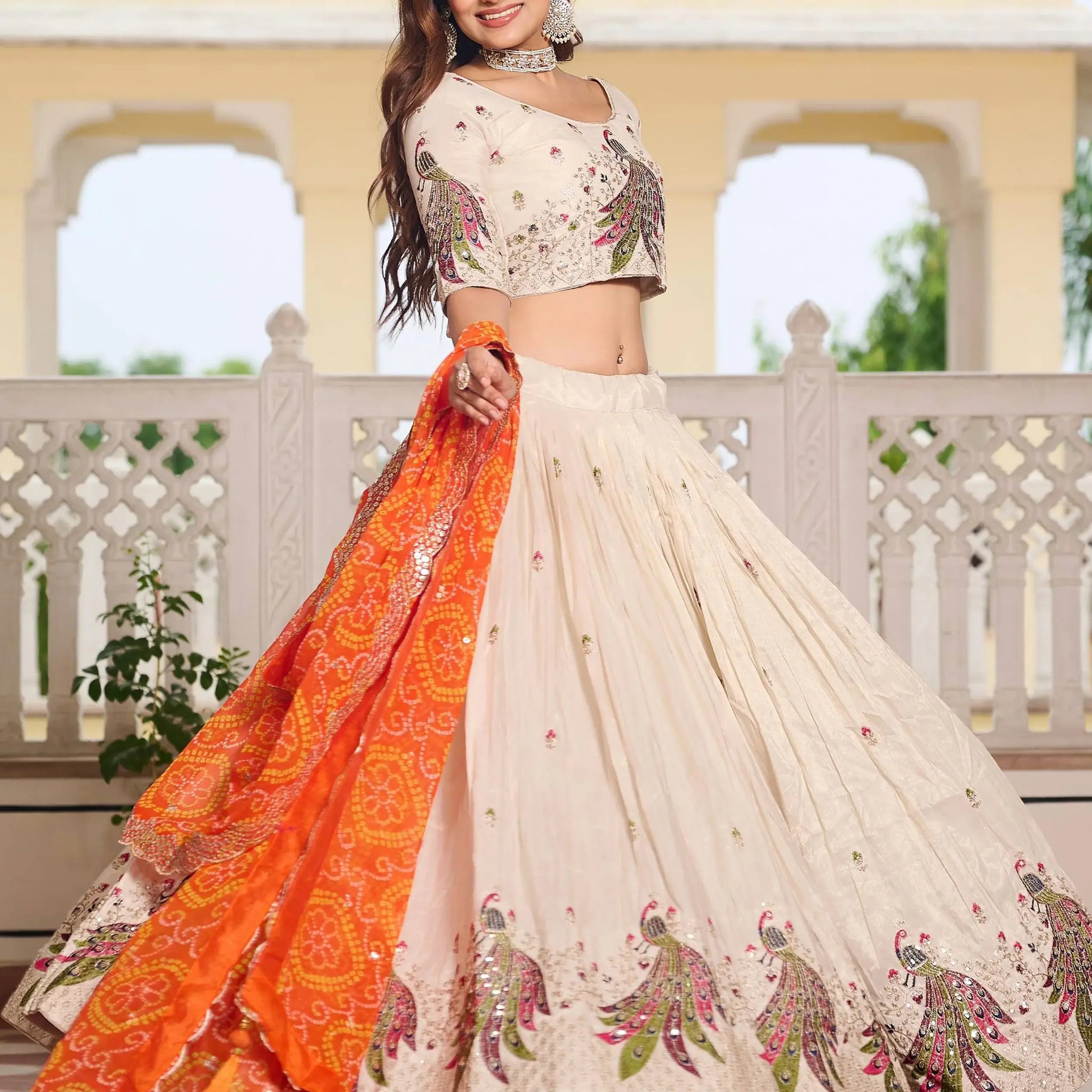 Pretty Off-White Thread Work Tissue Silk Traditional Lehenga Choli With Orange Dupatta - Zeel Clothing