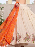 Pretty Off-White Thread Work Tissue Silk Traditional Lehenga Choli With Orange Dupatta - Zeel Clothing