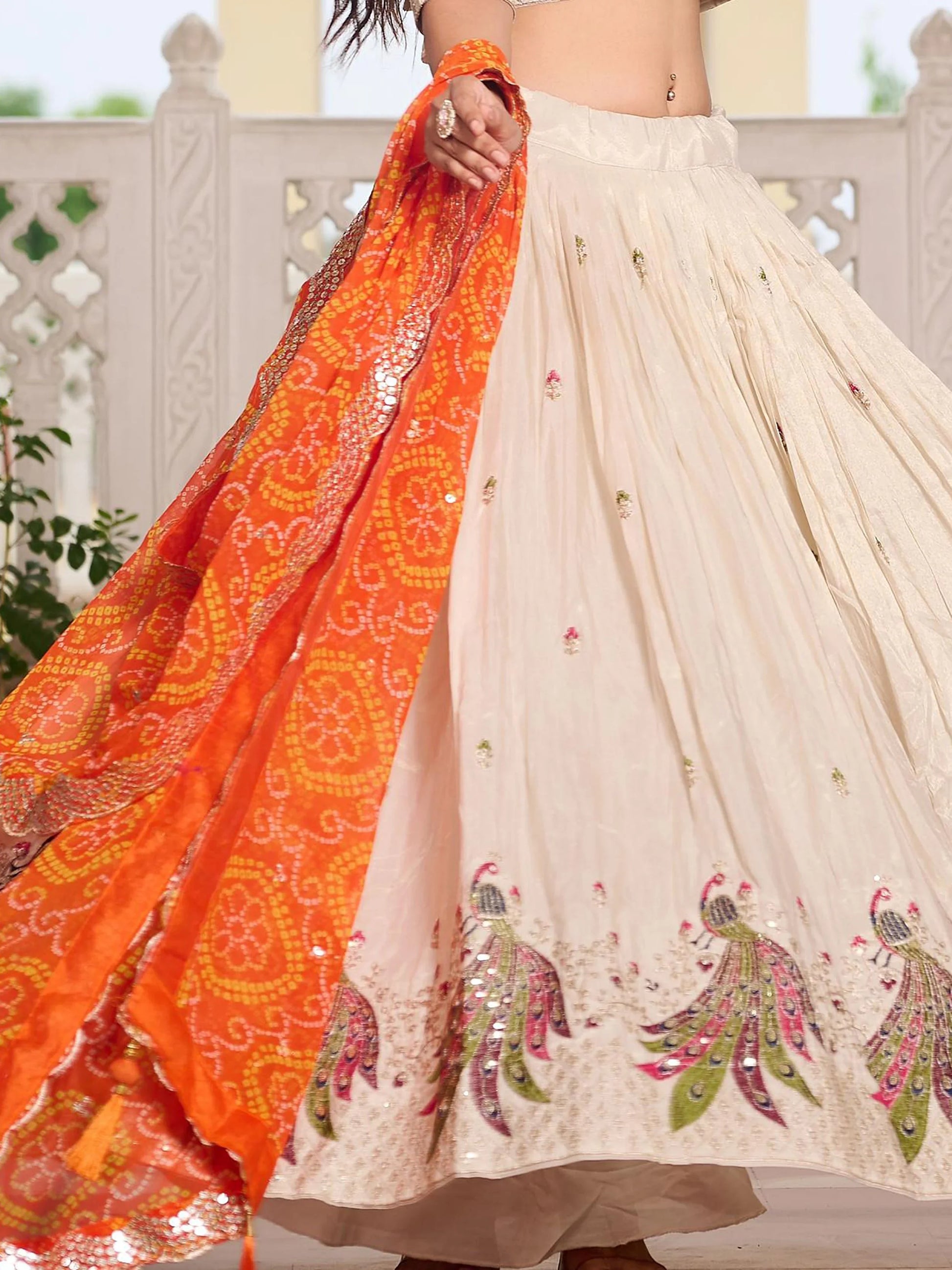 Pretty Off-White Thread Work Tissue Silk Traditional Lehenga Choli With Orange Dupatta - Zeel Clothing