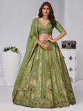 Pretty Olive Green Dori Work Banarasi Silk Mehendi Wear Lehenga With Blouse