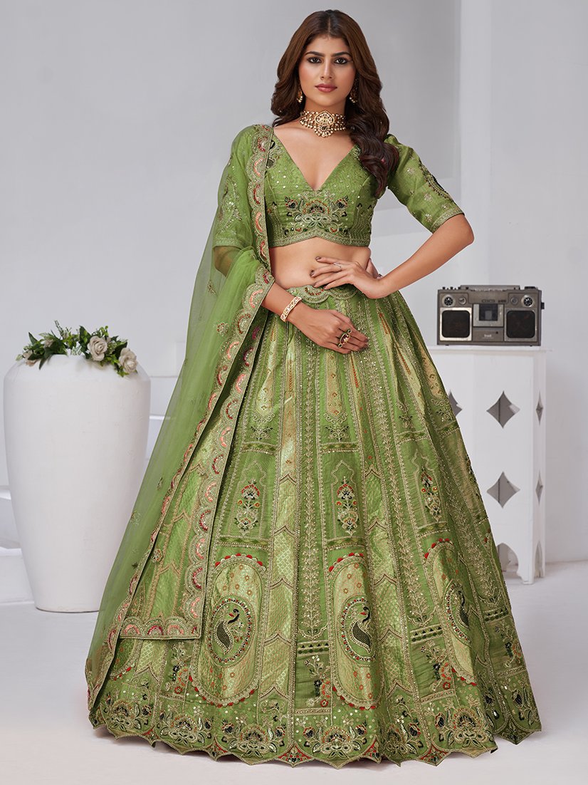 Pretty Olive Green Dori Work Banarasi Silk Mehendi Wear Lehenga With Blouse