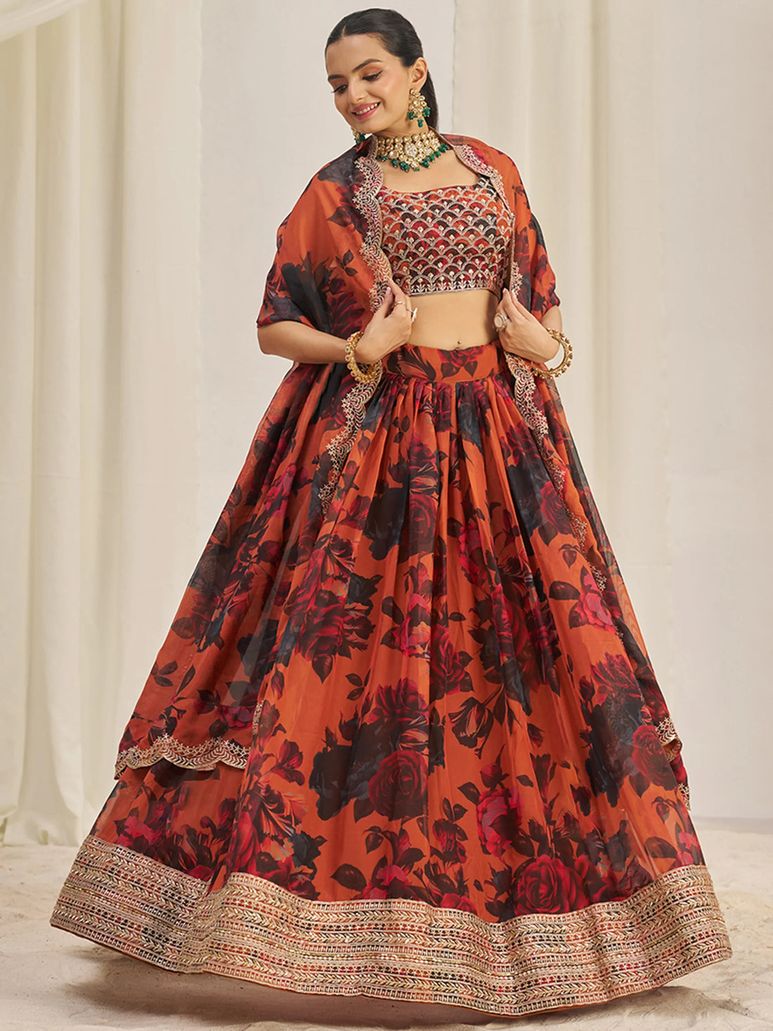 Pretty Orange Sequins Organza Engagement Wear Lehenga Choli - Zeel Clothing