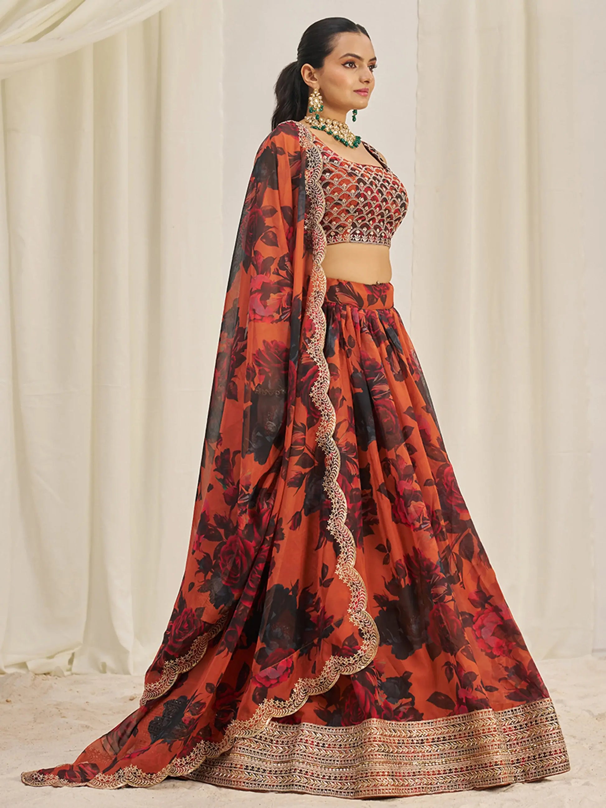 Pretty Orange Sequins Organza Engagement Wear Lehenga Choli - Zeel Clothing