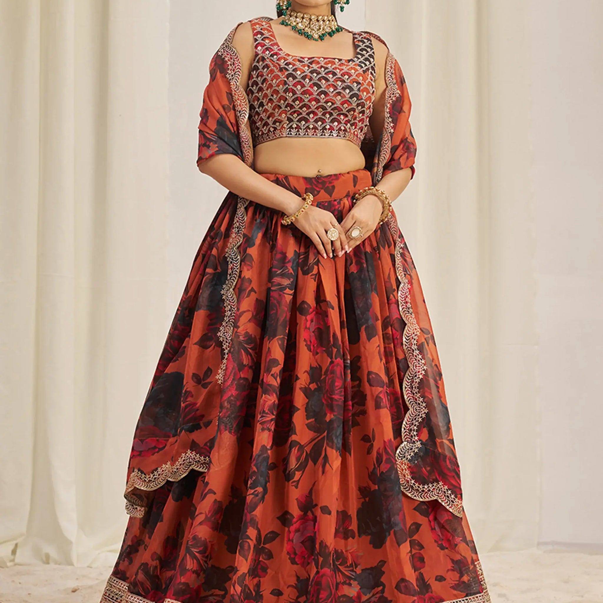 Pretty Orange Sequins Organza Engagement Wear Lehenga Choli - Zeel Clothing