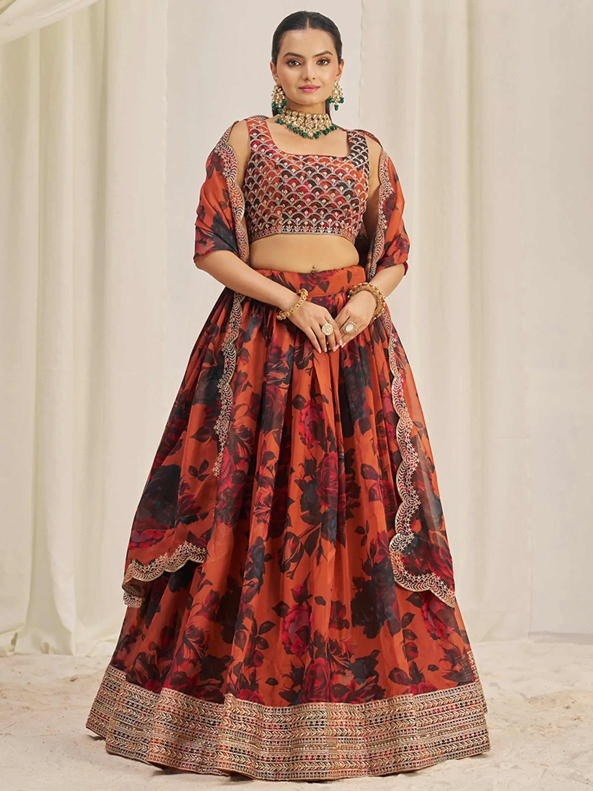 Pretty Orange Sequins Organza Engagement Wear Lehenga Choli - Zeel Clothing