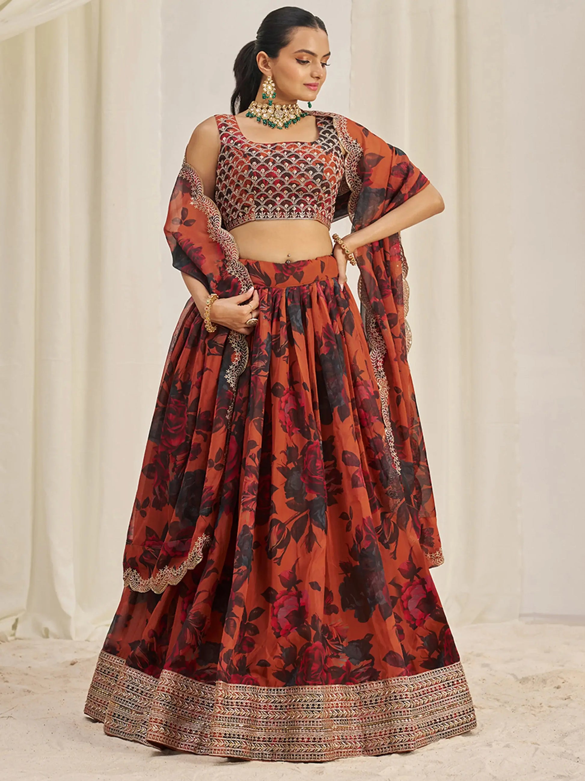 Pretty Orange Sequins Organza Engagement Wear Lehenga Choli - Zeel Clothing