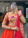 Pretty Orange Zari Weaving Jacquard Festive Wear Lehenga Choli With Dupatta - Zeel Clothing