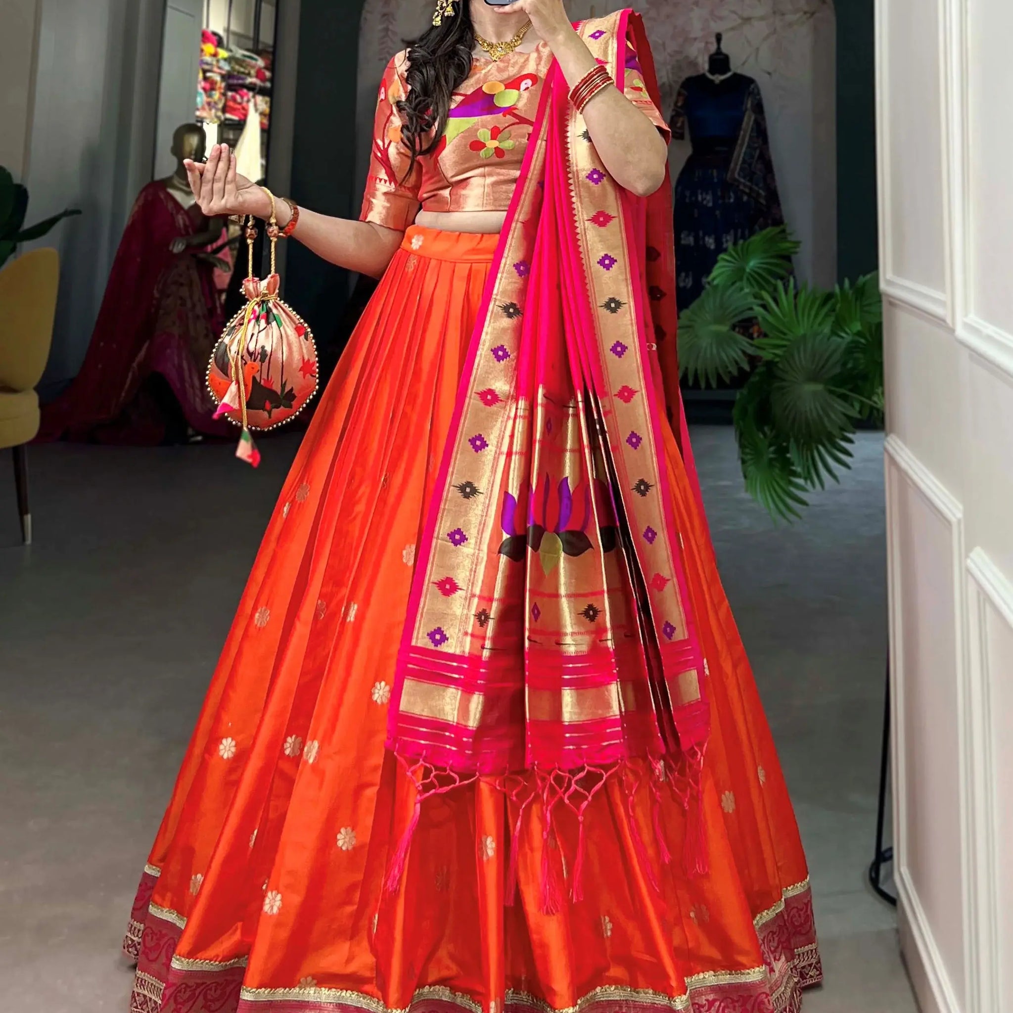 Pretty Orange Zari Weaving Jacquard Festive Wear Lehenga Choli With Dupatta - Zeel Clothing