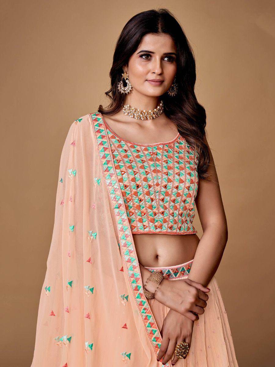 Pretty Peach Embroidered Georgette Reception Wear Lehenga Choli - Zeel Clothing