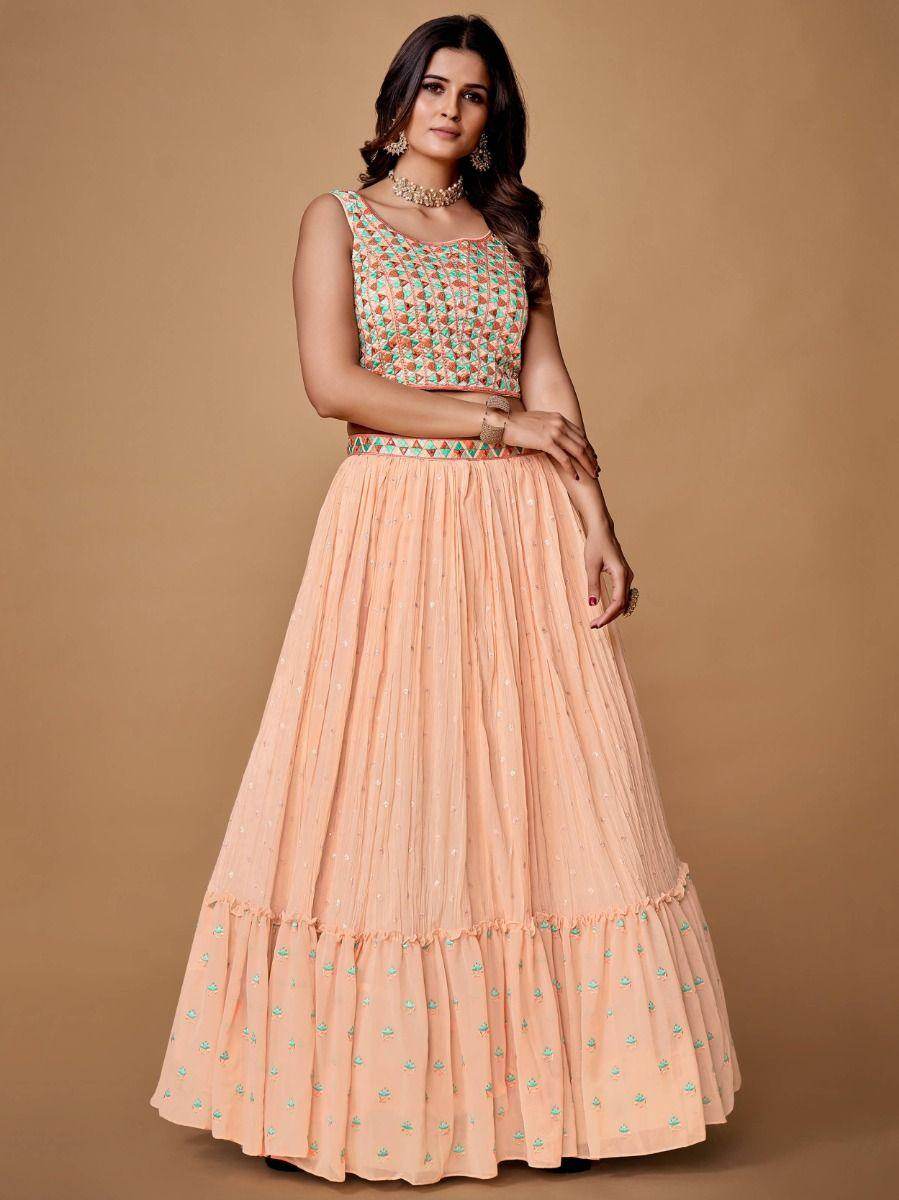 Pretty Peach Embroidered Georgette Reception Wear Lehenga Choli - Zeel Clothing