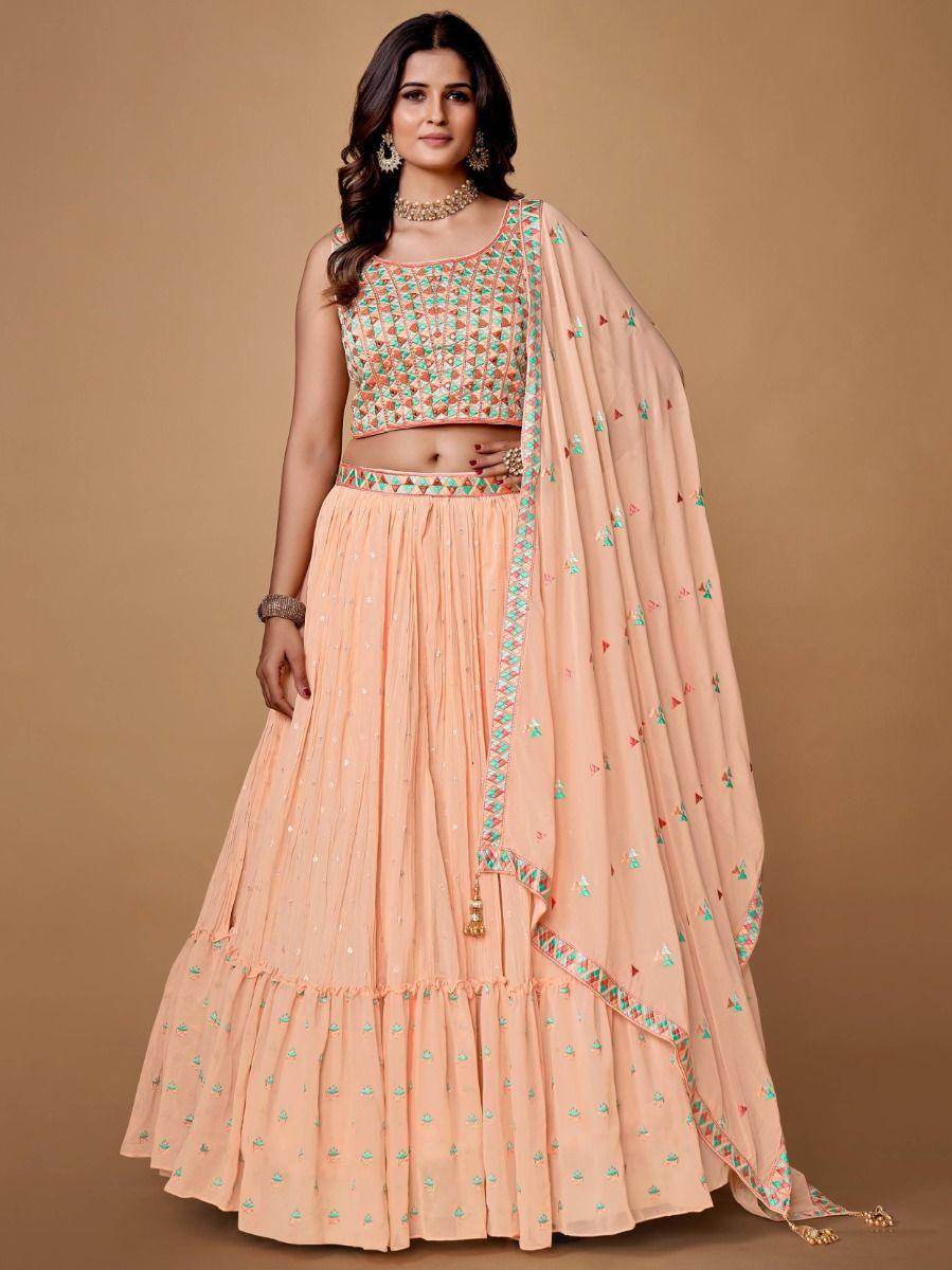 Pretty Peach Embroidered Georgette Reception Wear Lehenga Choli - Zeel Clothing