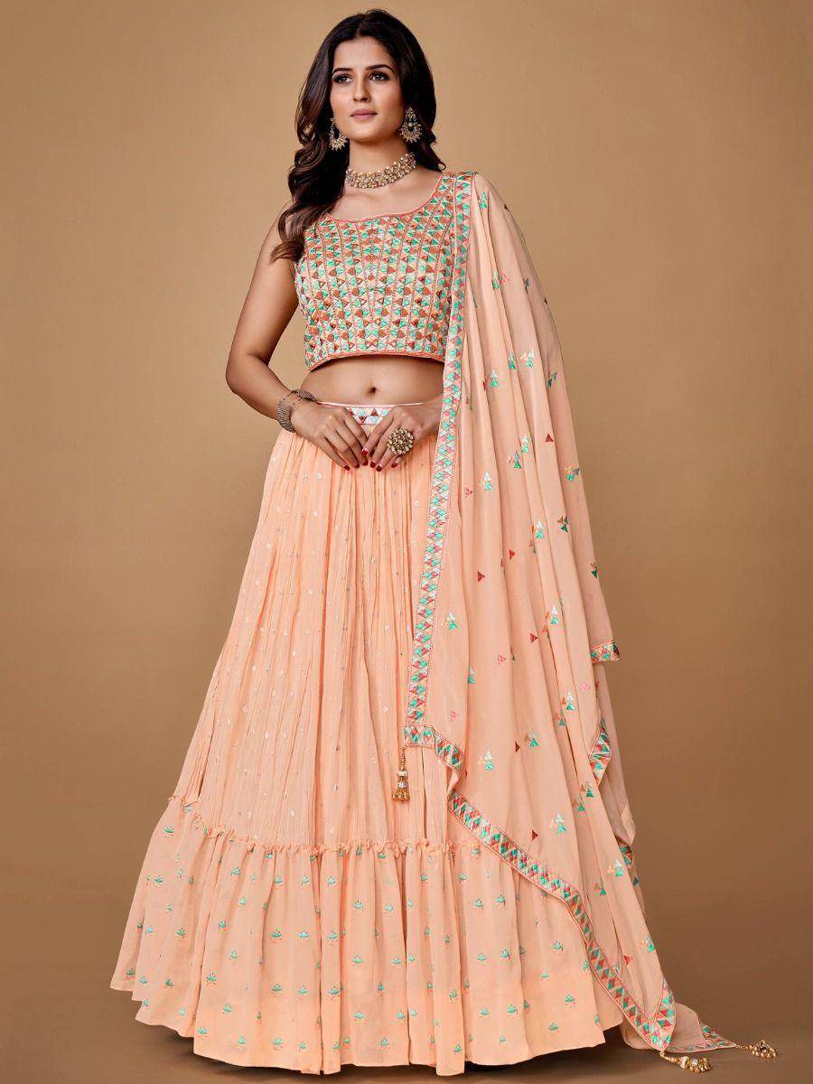 Pretty Peach Embroidered Georgette Reception Wear Lehenga Choli - Zeel Clothing