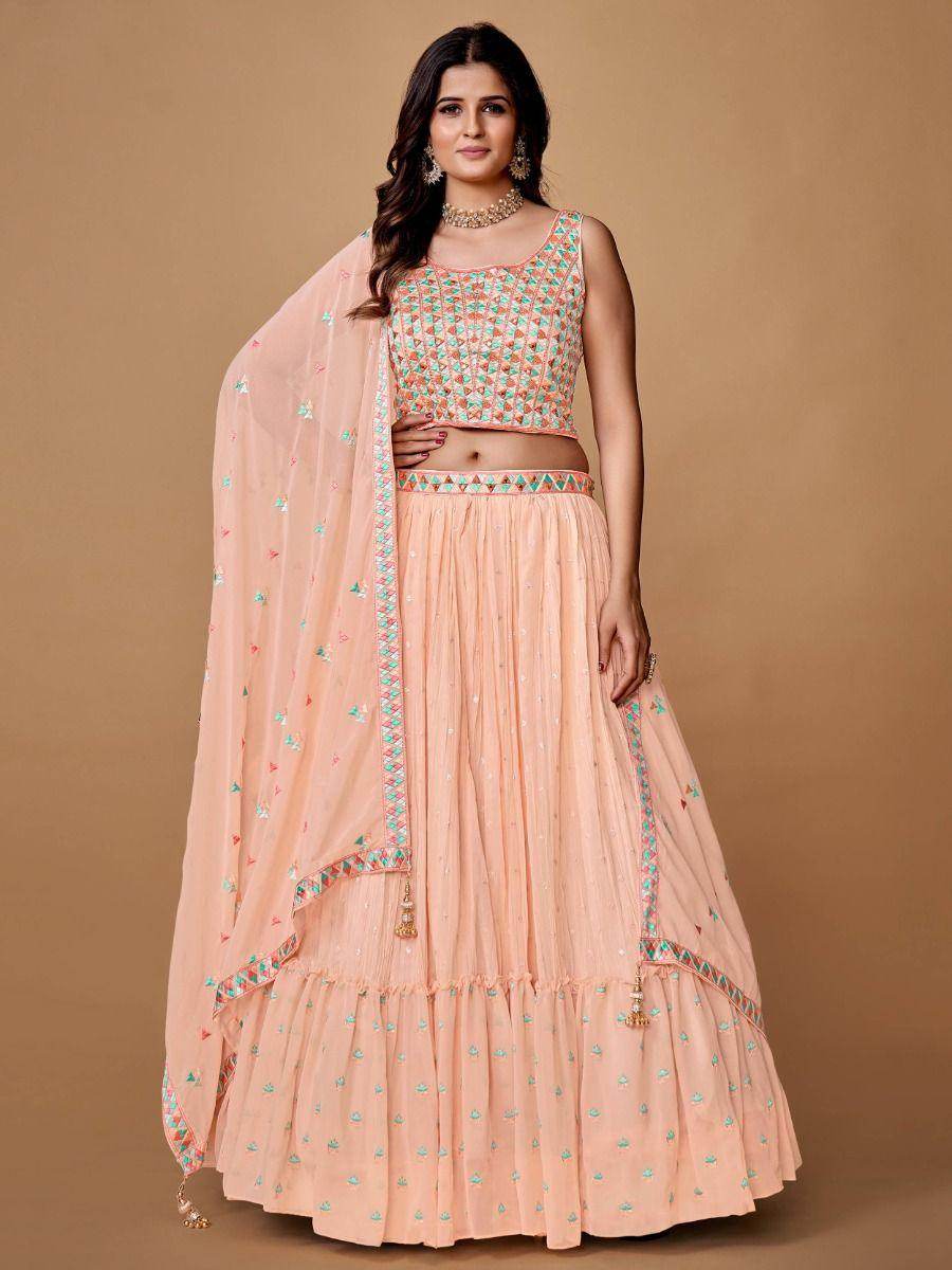 Pretty Peach Embroidered Georgette Reception Wear Lehenga Choli - Zeel Clothing