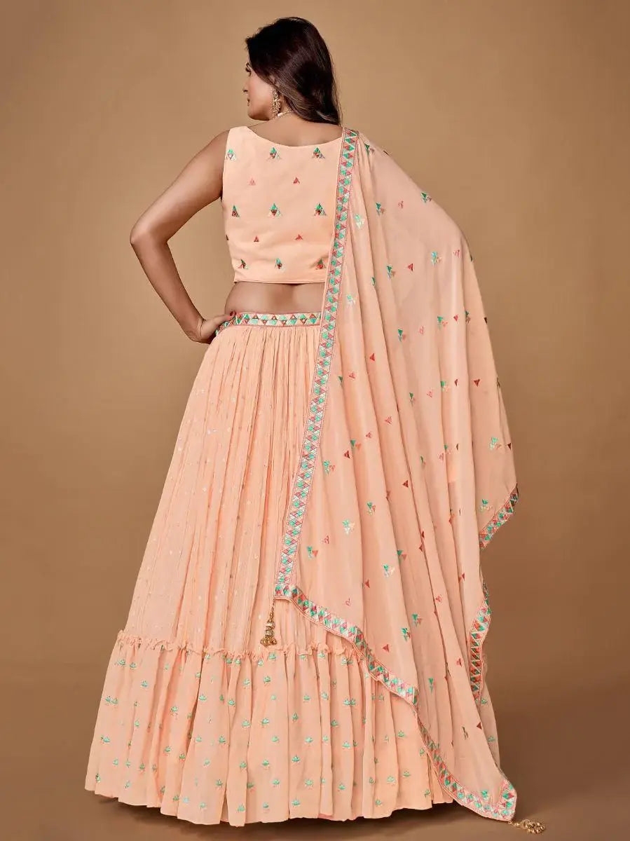 Pretty Peach Embroidered Georgette Reception Wear Lehenga Choli - Zeel Clothing