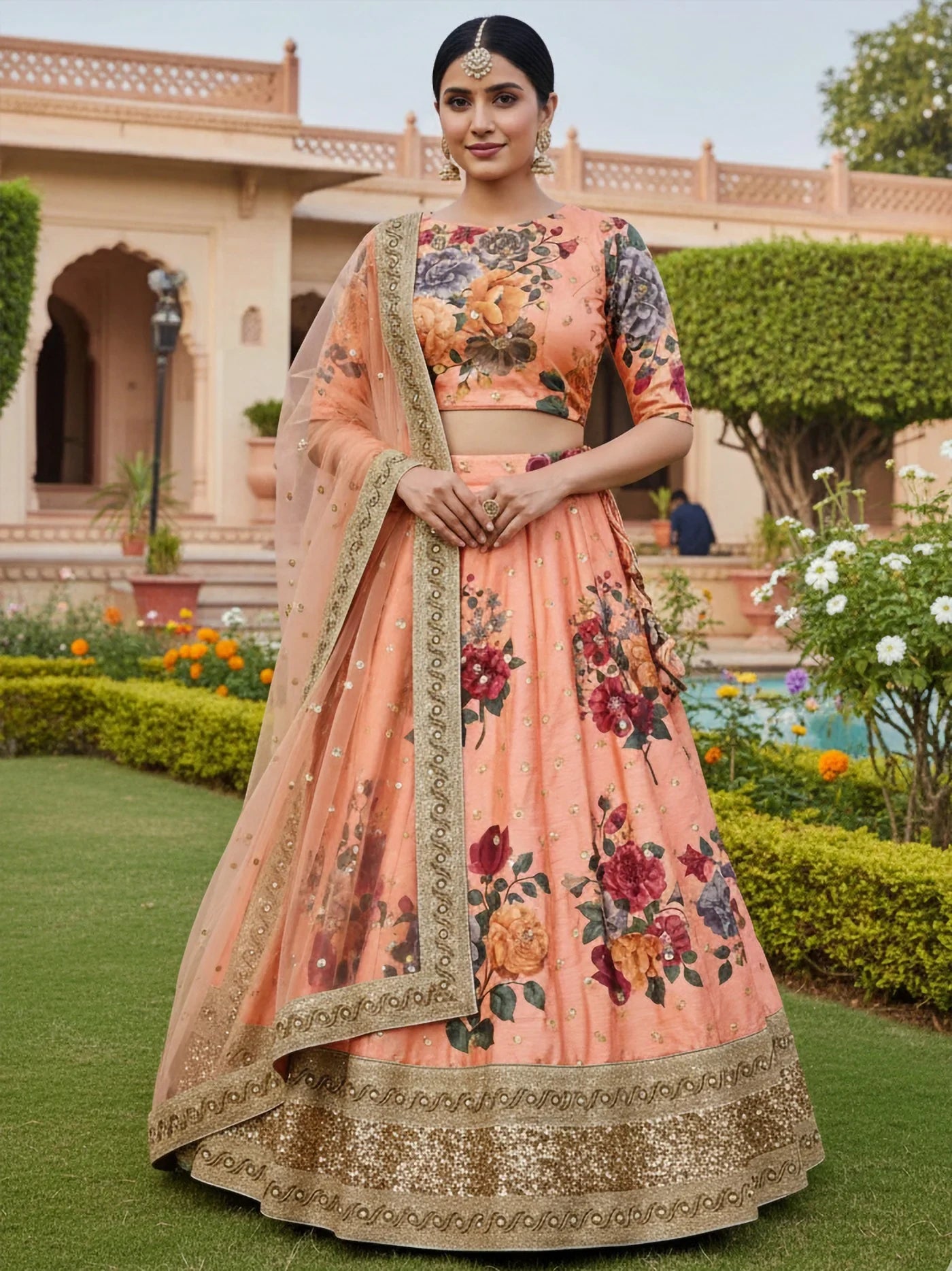 Pretty Peach Floral Printed Silk Wedding Wear Lehenga Choli With Dupatta