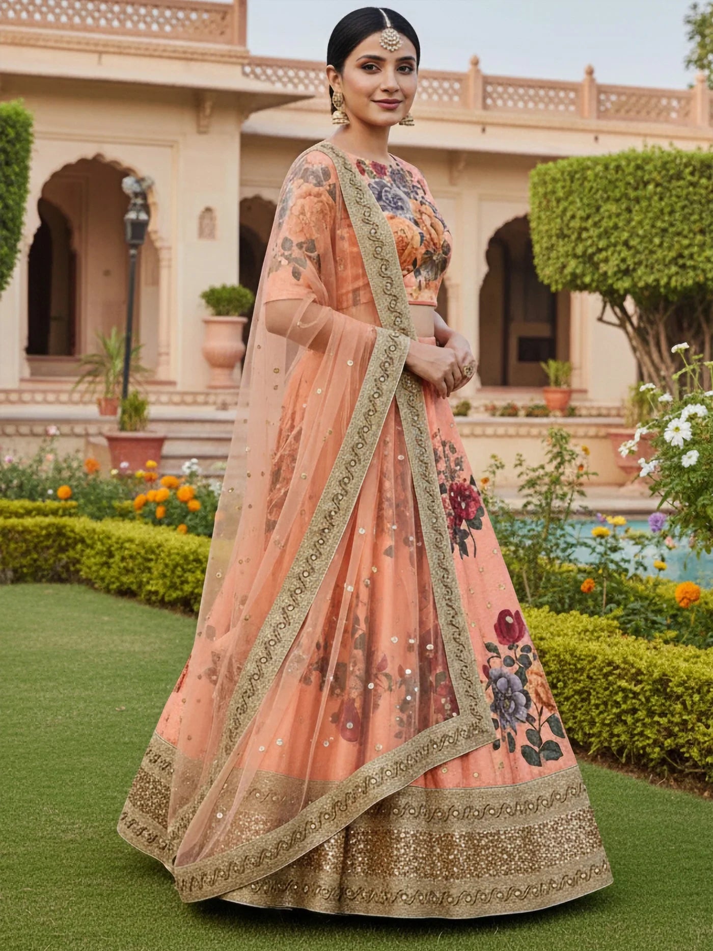 Pretty Peach Floral Printed Silk Wedding Wear Lehenga Choli With Dupatta