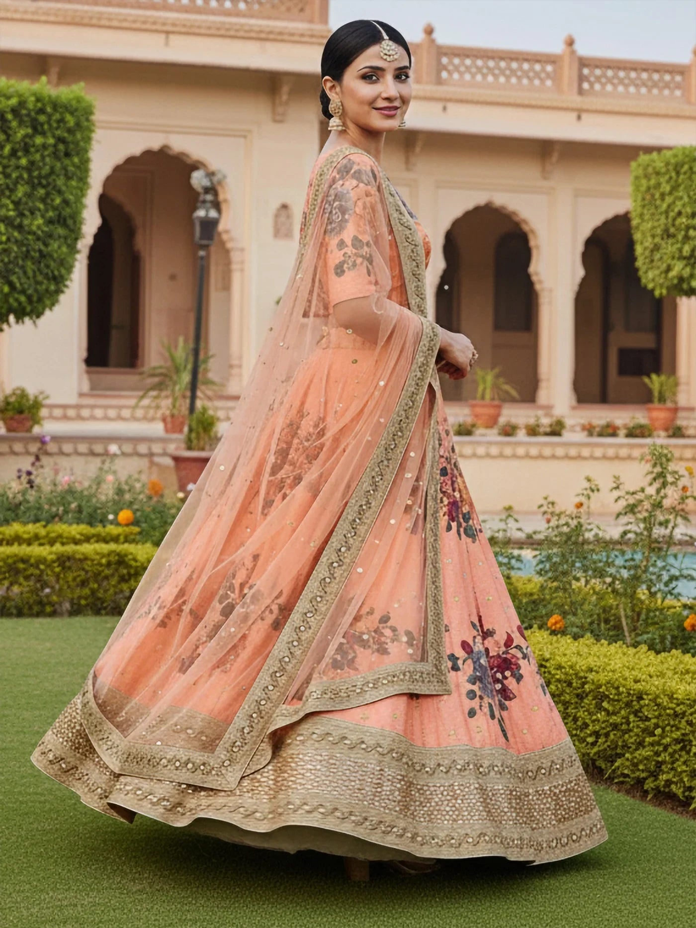 Pretty Peach Floral Printed Silk Wedding Wear Lehenga Choli With Dupatta
