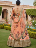 Pretty Peach Floral Printed Silk Wedding Wear Lehenga Choli With Dupatta