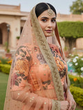 Pretty Peach Floral Printed Silk Wedding Wear Lehenga Choli With Dupatta