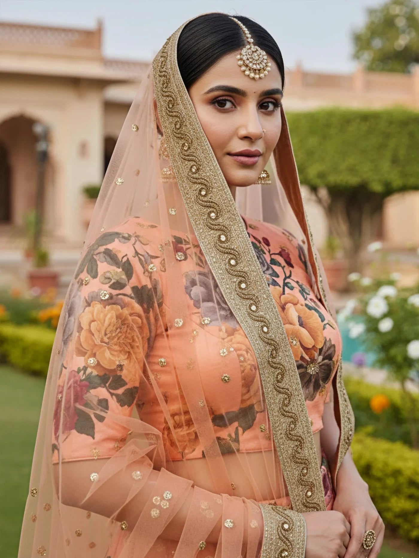 Pretty Peach Floral Printed Silk Wedding Wear Lehenga Choli With Dupatta