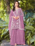 Pretty Pink Bead Embroidered Georgette Wedding Wear Palazzo Suit