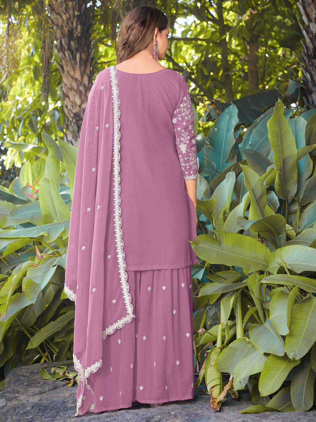 Pretty Pink Bead Embroidered Georgette Wedding Wear Palazzo Suit