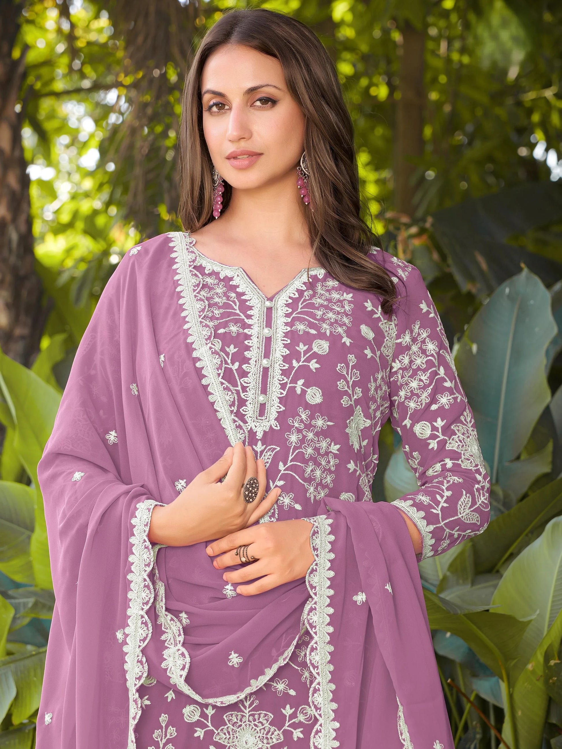 Pretty Pink Bead Embroidered Georgette Wedding Wear Palazzo Suit