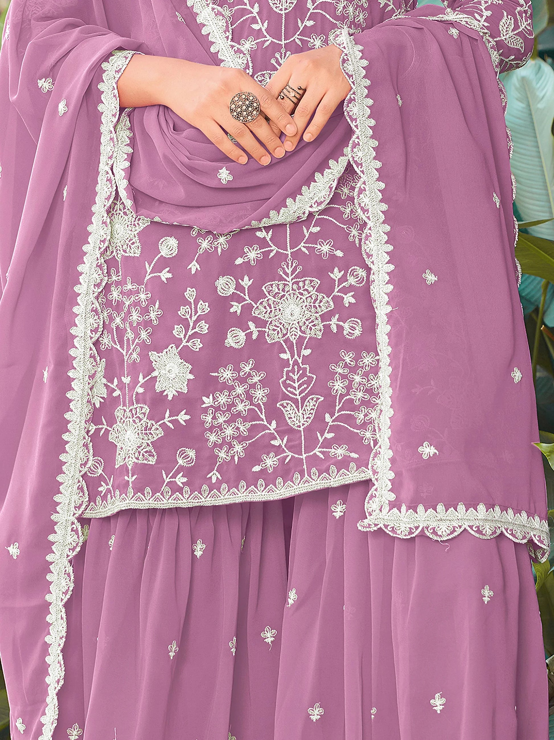 Pretty Pink Bead Embroidered Georgette Wedding Wear Palazzo Suit